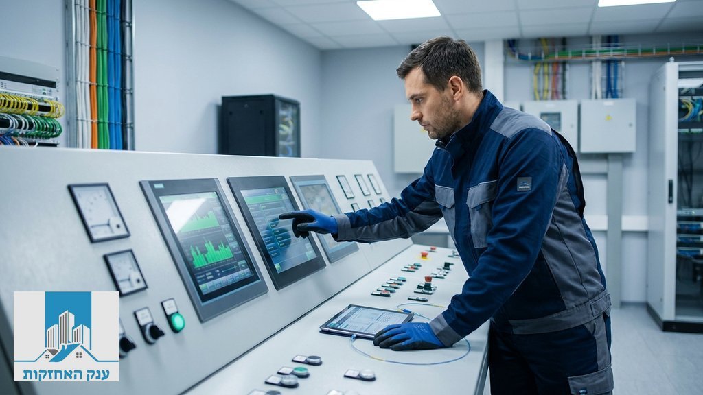 נוצר על ידי מודל בינה מלאכותית Gemini Pro טכנאי מוסמך מבצע בדיקת תחזוקה למערכות הבניין
