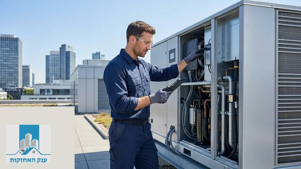 נוצר על ידי מודל בינה מלאכותית Gemini Pro טכנאי מוסמך מבצע תחזוקה מונעת למערכות מים ומיזוג בגג הבניין