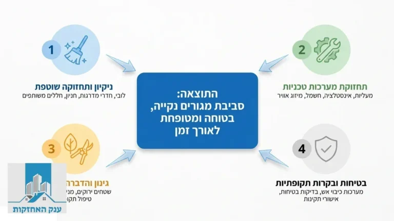 לובי בניין מגורים מודרני מתוחזק ונקי המייצג שירותי ניהול מבנים מקצועיים